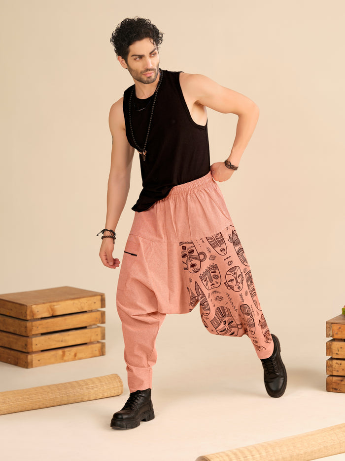 Men’s Cotton Harem Pants – Tribal Mask Print Boho Travel Dance Yoga & Fashion