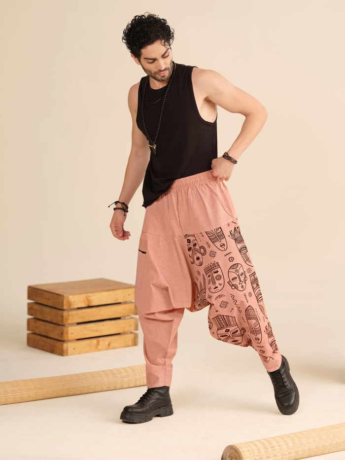 Men’s Cotton Harem Pants – Tribal Mask Print Boho Travel Dance Yoga & Fashion