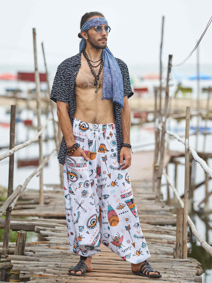 Men's Evil Eye Hippy Baggy Aladdin Bohemian Harem Pants For Travel Dance Yoga image 2