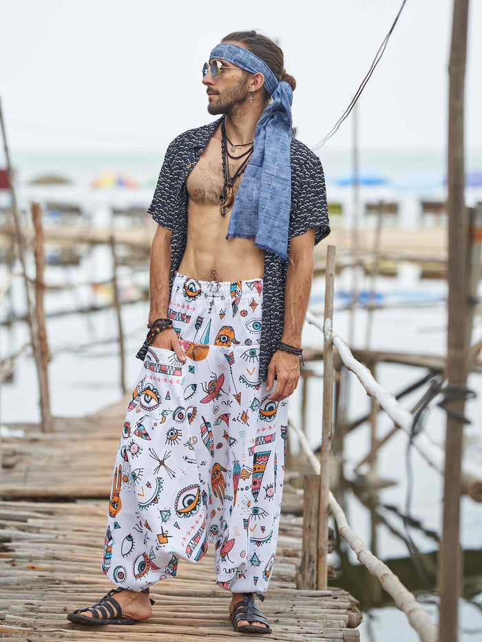 Men's Evil Eye Hippy Baggy Aladdin Bohemian Harem Pants For Travel Dance Yoga image 3