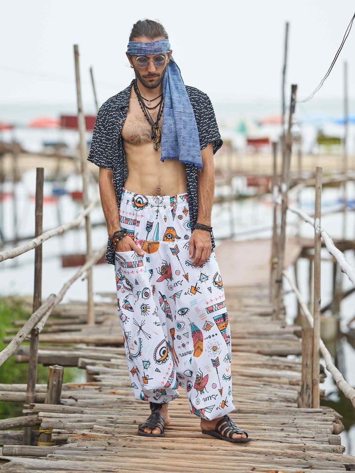 Men's Evil Eye Hippy Baggy Aladdin Bohemian Harem Pants For Travel Dance Yoga image 4