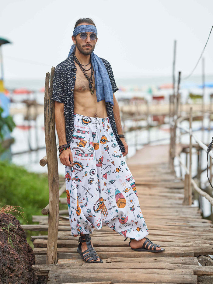 Men's Evil Eye Hippy Baggy Aladdin Bohemian Harem Pants For Travel Dance Yoga image 5