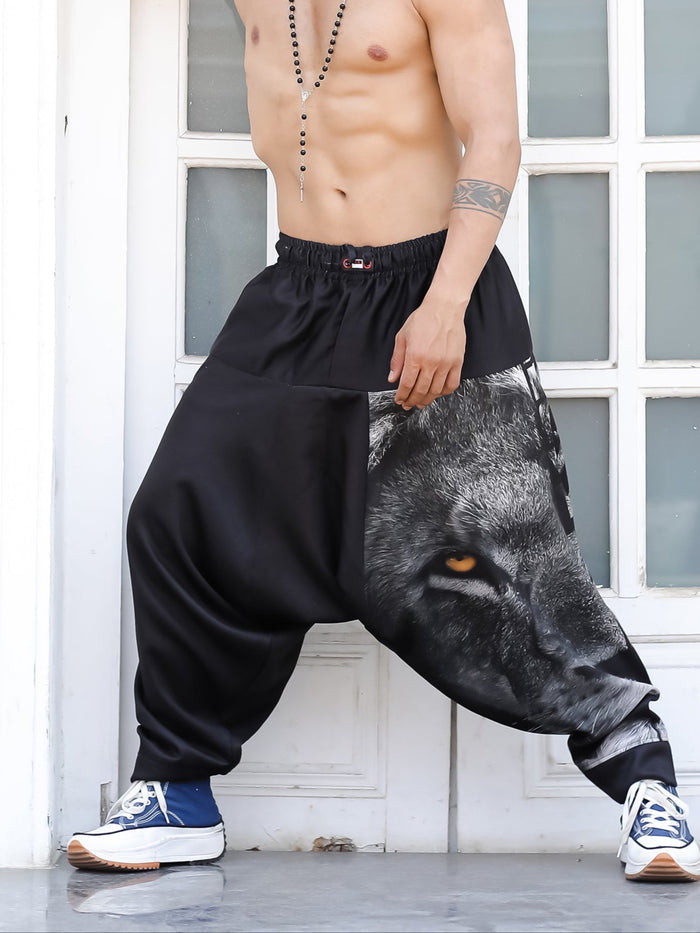 Men's Black King Lion Print Harem Pants Front View - Baggy Aladdin Yoga Pants H76 Enimane
