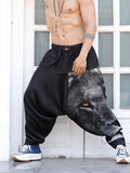 Men's Black King Lion Print Harem Pants Front View - Baggy Aladdin Yoga Pants H76 Enimane
