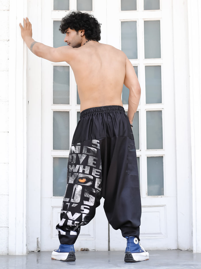 Close Up of Split King Lion Face Print on Black Harem Pants - Bold Aladdin Pants H76 Enimane