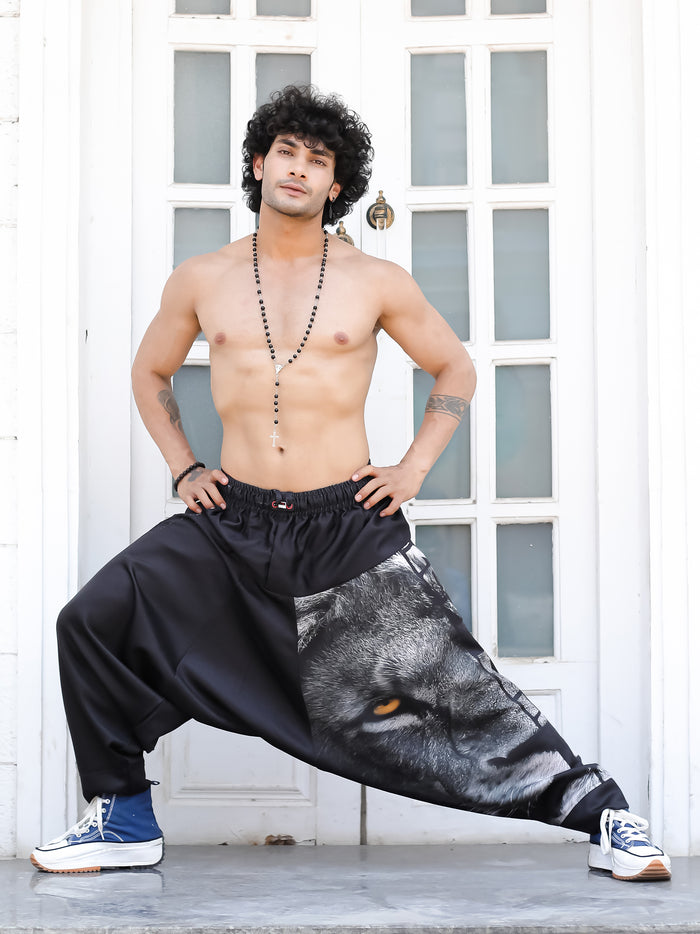 Men's Black King Lion Print Baggy Harem Pants Side View - Unisex Yoga Travel Pants H76