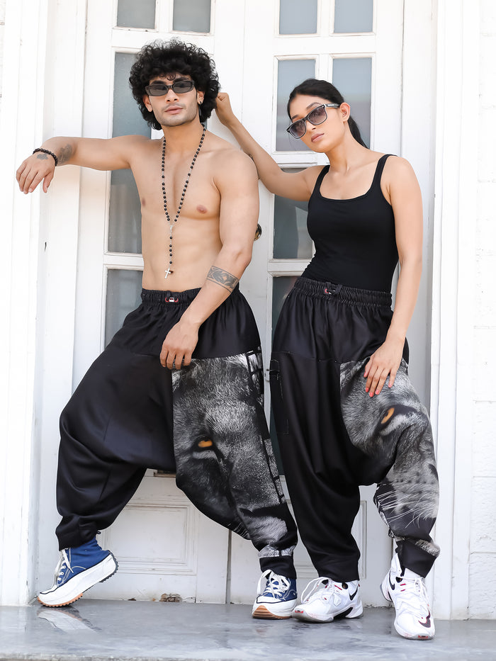 Men's Black King Lion Print Aladdin Harem Pants Flat Lay - Yoga Dance Travel Pants H76 India