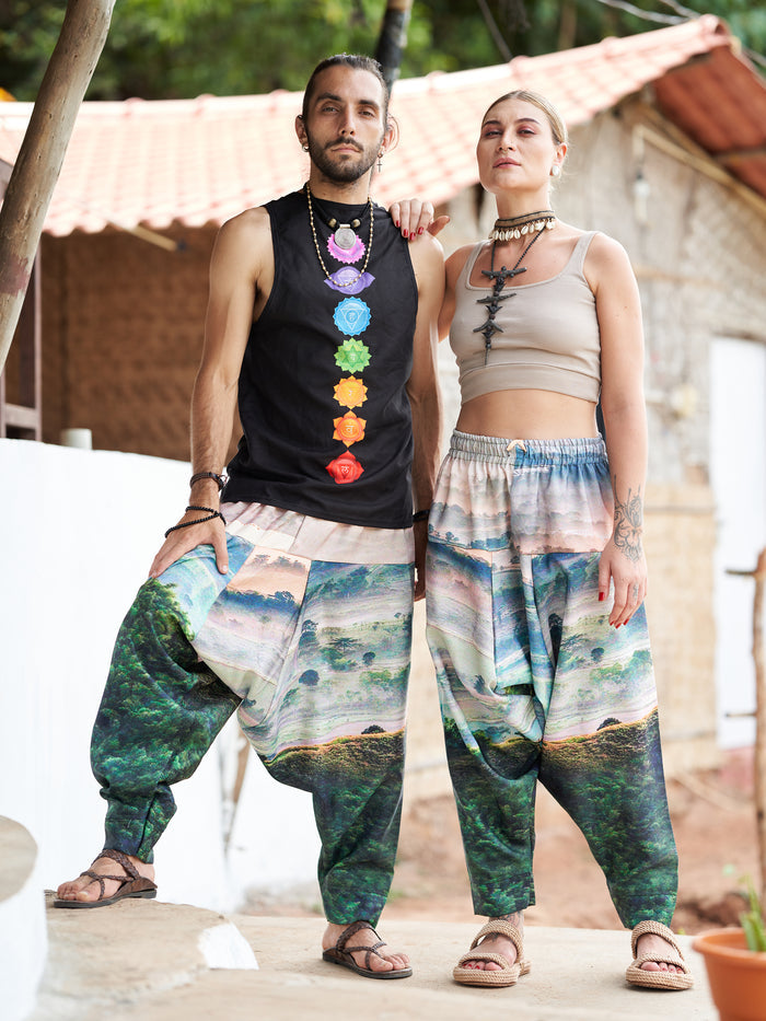 Buy Men's Nature Print Bohemian Hippy Aladdin Balloon Harem Pants For Travel Yoga Dance