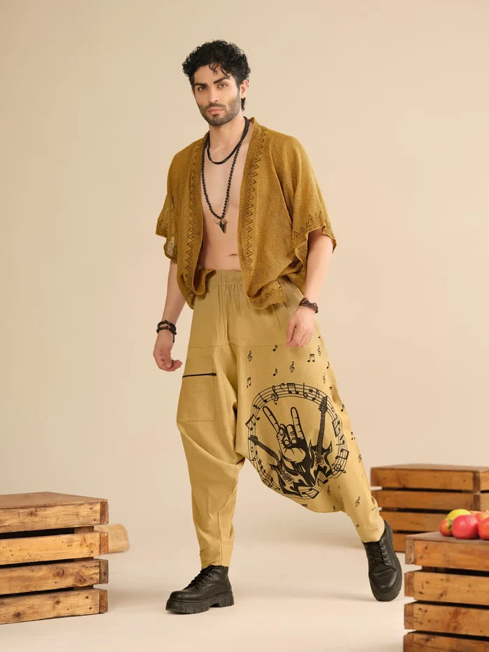 Men's Pure Cotton Harem Pants – Music Print Linen Texture Dance Travel Yoga Hippypant enimane.myshopify.com