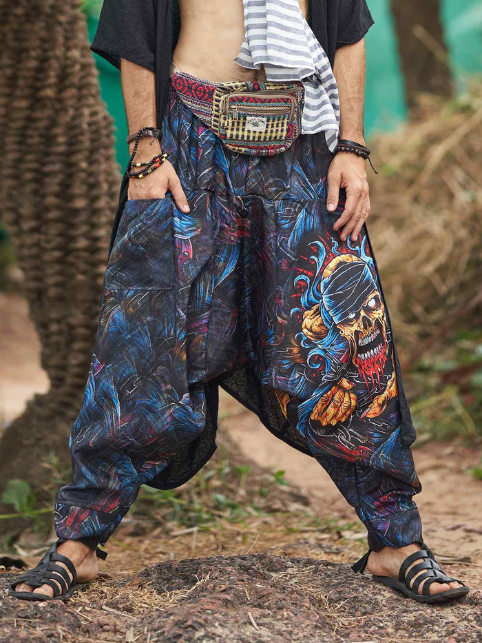 Buy Men's Scary Skull Print Baggy Balloon Aladdin Harem Pants For Dance Travel Yoga