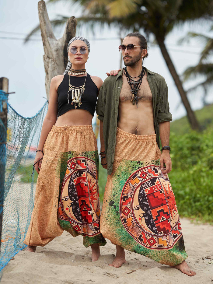 Buy Men's Sun and Moon Print Boho Genie Hippy Harem Pants For Travel Yoga Dance