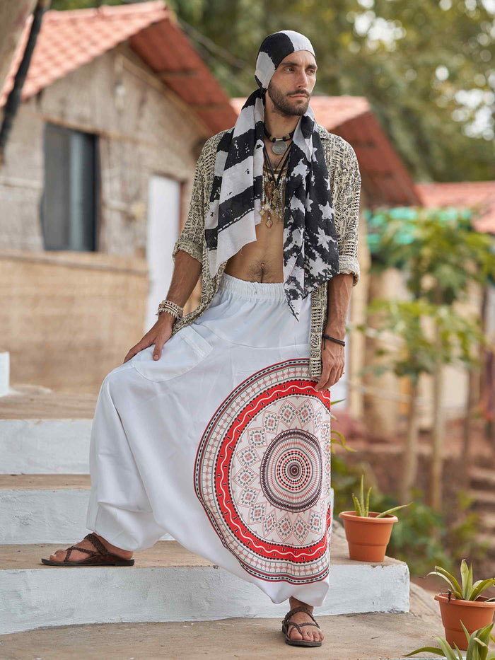 Men's White Mandala Dhoti Baggy Harem For Dance Yoga Travel image 2
