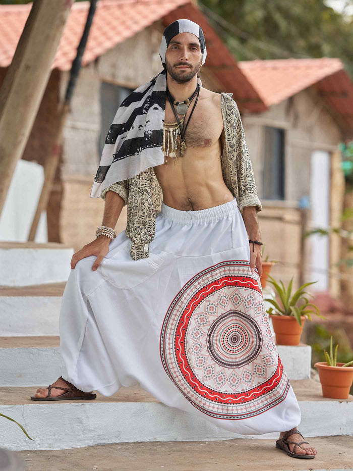 Men's White Mandala Dhoti Baggy Harem For Dance Yoga Travel image 4
