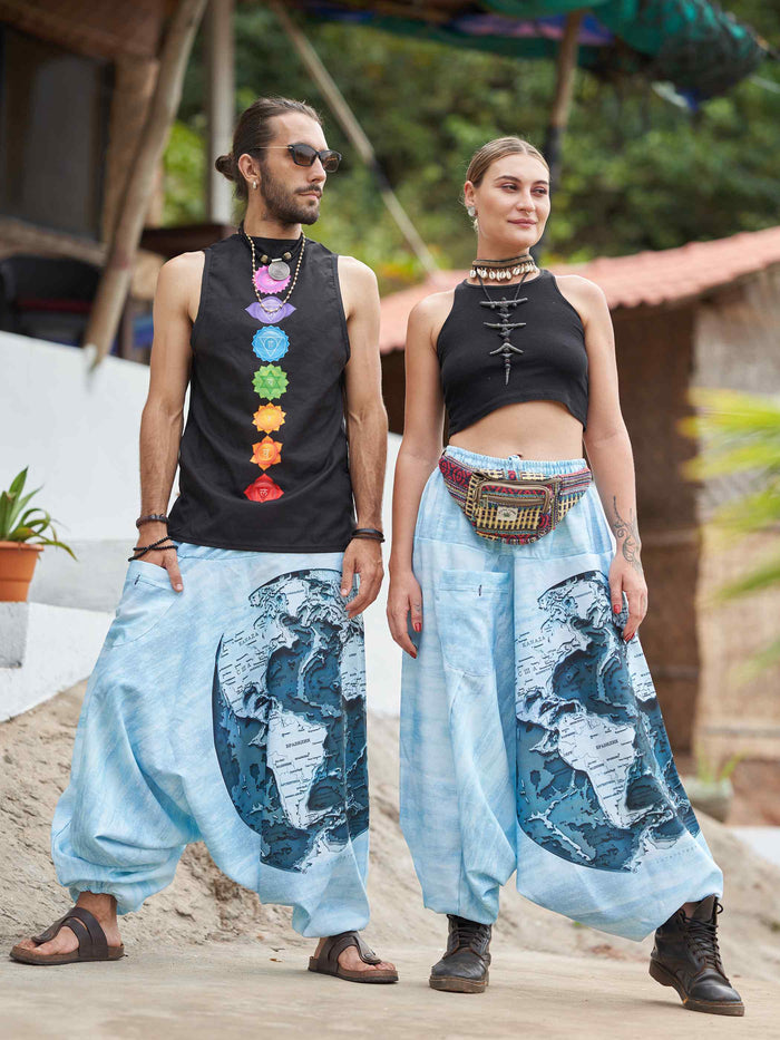 Men's World Map Print Hippy Aladdin Balloon Pyjamas Harem Pants For Travel image 6