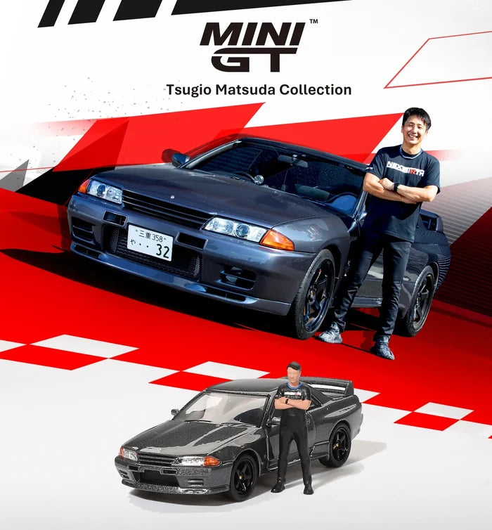 MINI GT 1:64 Skyline GT-R (R32) Nismo Gunmetal W/ Matsuda Figure RHD Diecast Model Car