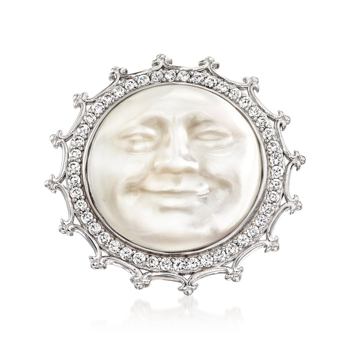 Mother-of-pearl moon face ring with white zircon in sterling silver