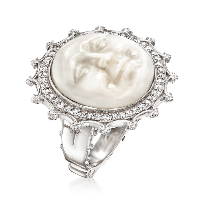 Sterling silver man-in-the-moon ring with mother-of-pearl face and zircon stones