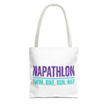 Napathlon Tote Bag — "Swim. Bike. Run. Nap." Funny Triathlon Bag