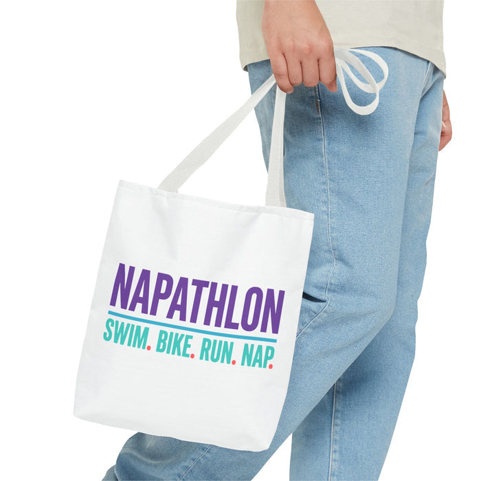 Napathlon Tote Bag — "Swim. Bike. Run. Nap." Funny Triathlon Bag