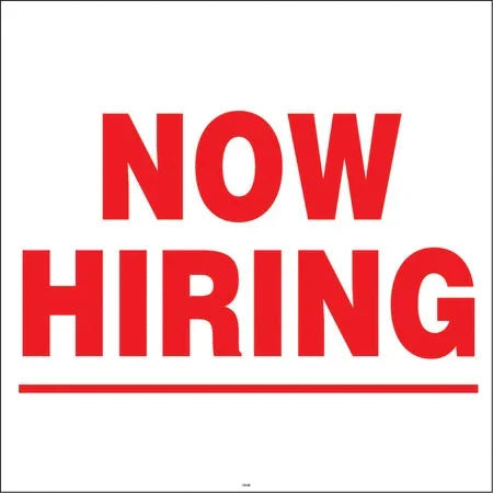 Now Hiring sign in bold red text on white background, ideal for storefronts and business advertising