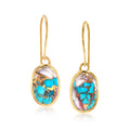 Oval turquoise drop earrings with gold earwire; oval stone in gold bezel