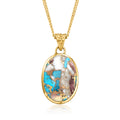 Gold oval turquoise pendant necklace with oval stone bezel and link chain