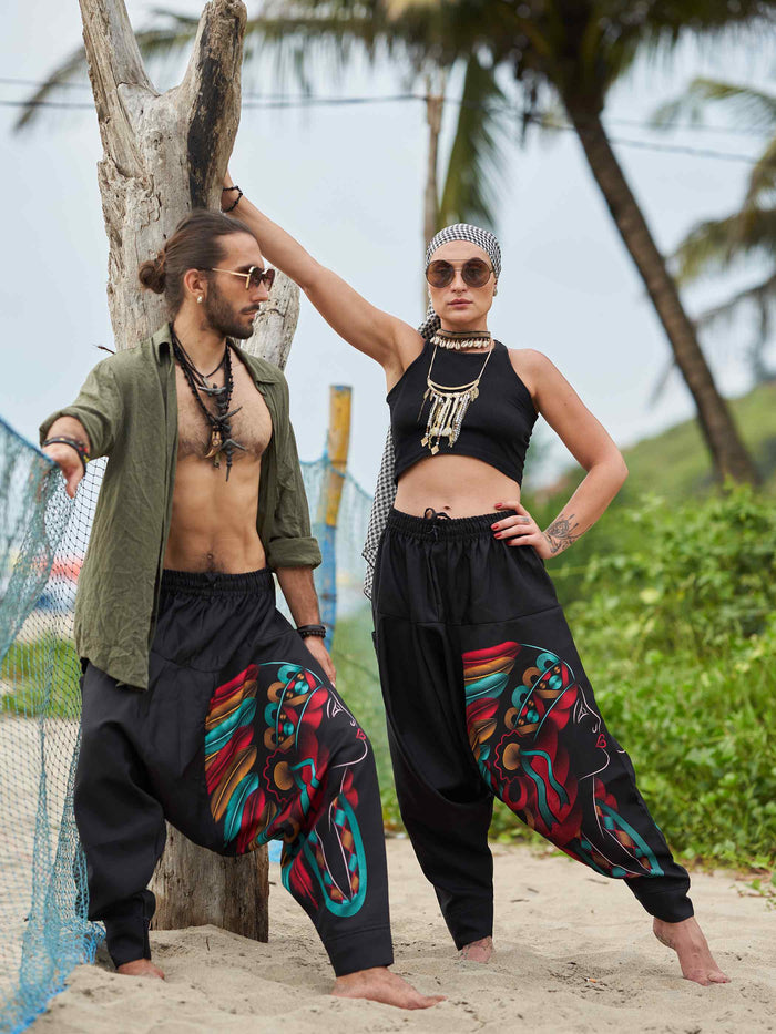 Buy Unisex Couple Tribal Feather Hat Print Hippy Harem Pants For Dance Yoga Travel