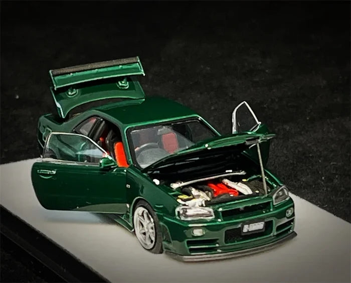PGM 1:64 R34 Z-TUNE Green Rocket Bunny R35 Matte Black / GTR R32 Metallic Grey Diecast Model Car