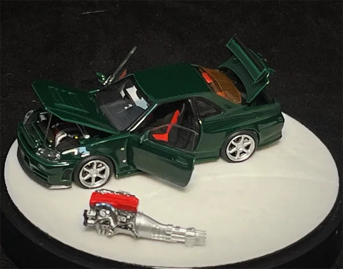 PGM 1:64 R34 Z-TUNE Green Rocket Bunny R35 Matte Black / GTR R32 Metallic Grey Diecast Model Car