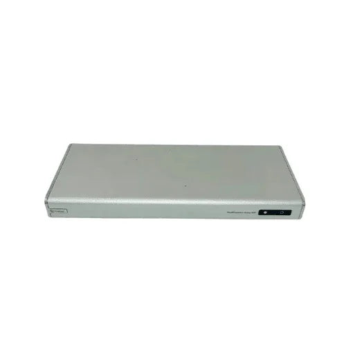 The refurbished Polycom Group Series 500 Real Presence 2201-61078-001, a rectangular silver device from Polycom, features a black power switch and indicator lights, offering advanced conferencing technology. NO ADAPTER included.