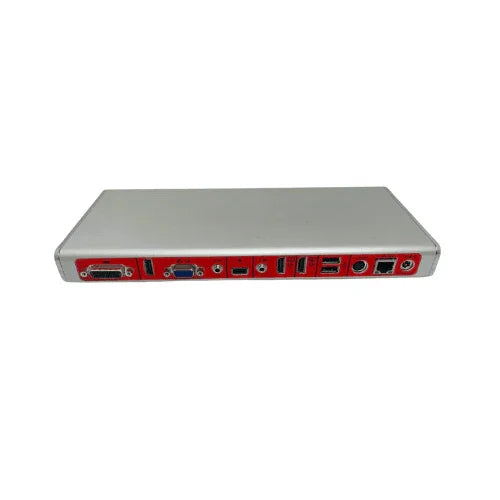 A silver refurbished Polycom Group Series 500 Real Presence 2201-61078-001 (NO ADAPTER) device by Polycom features USB, HDMI, Ethernet, and VGA ports on a red back panel, highlighting advanced conferencing technology.