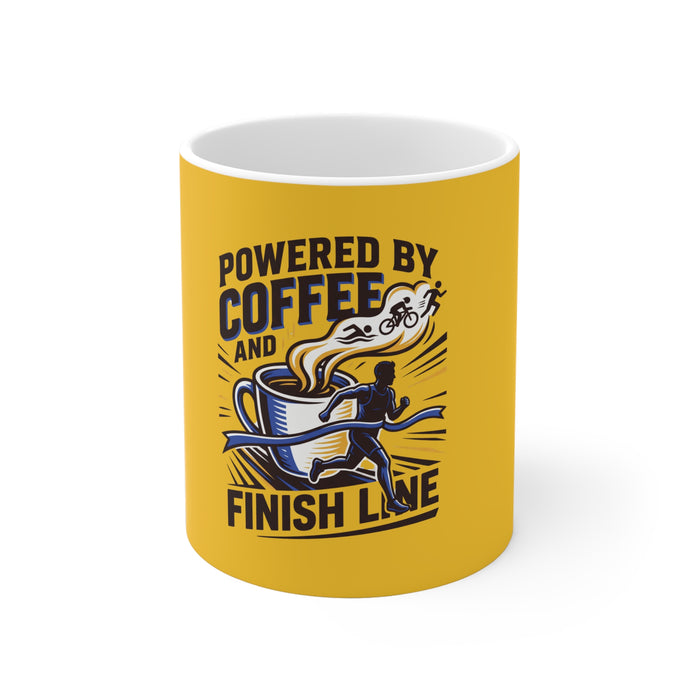Powered by Coffee and Finish Line Mug — Runner & Cyclist Motivational Coffee Cup