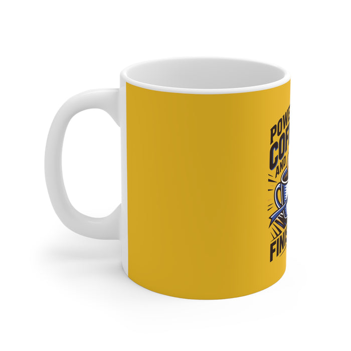 Powered by Coffee and Finish Line Mug — Runner & Cyclist Motivational Coffee Cup