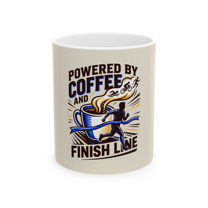 Powered by Coffee and Finish Line Mug — Running & Triathlon Coffee Cup (11oz/15oz)