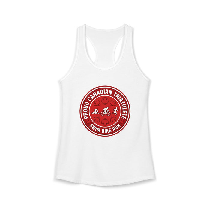 Proud Canadian Triathlete Women's Racerback Tank — Swim Bike Run Can