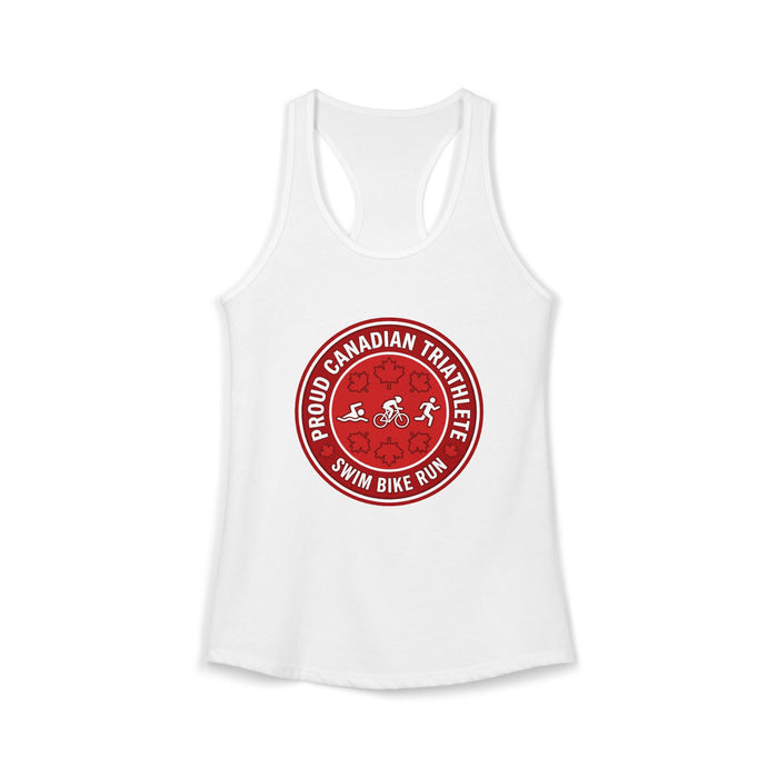 Proud Canadian Triathlete Women's Racerback Tank — Swim Bike Run Can