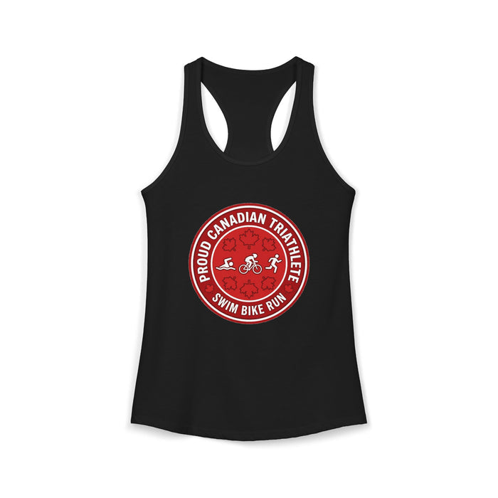 Proud Canadian Triathlete Women's Racerback Tank — Swim Bike Run Can