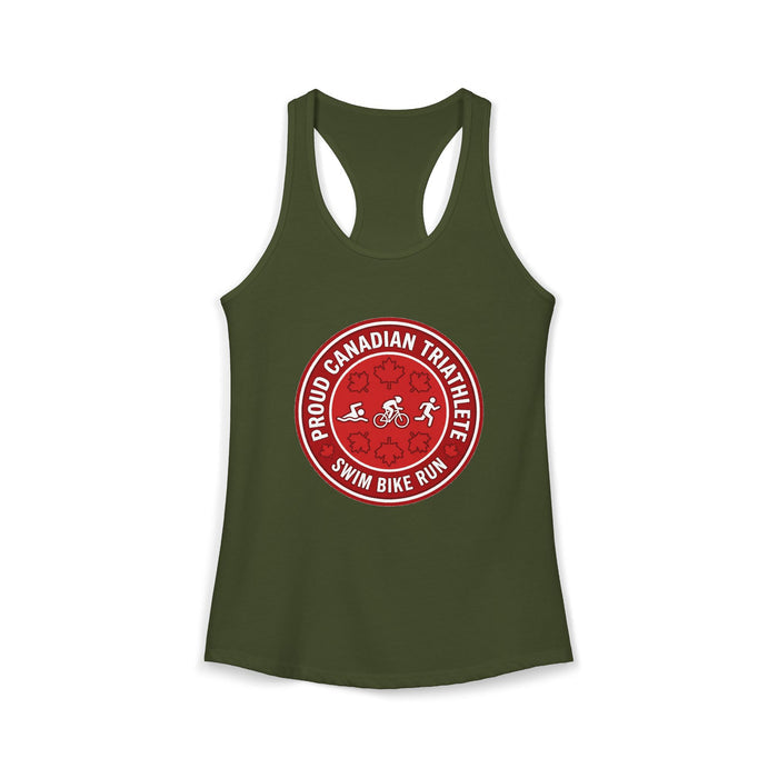 Proud Canadian Triathlete Women's Racerback Tank — Swim Bike Run Can