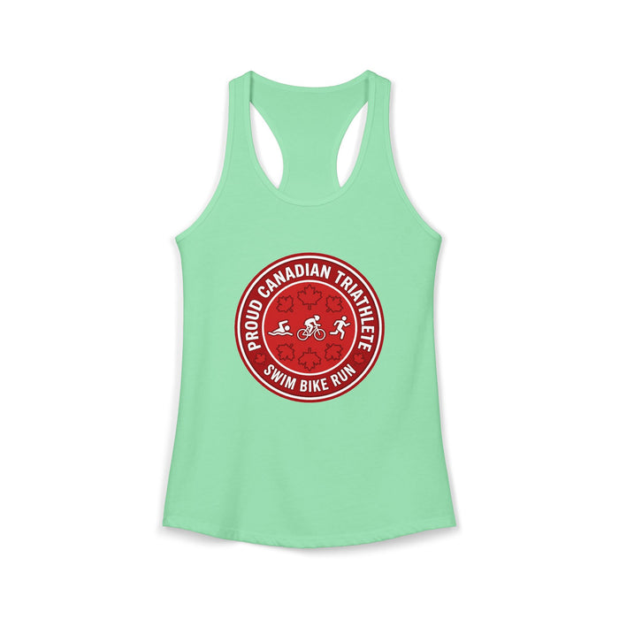 Proud Canadian Triathlete Women's Racerback Tank — Swim Bike Run Can