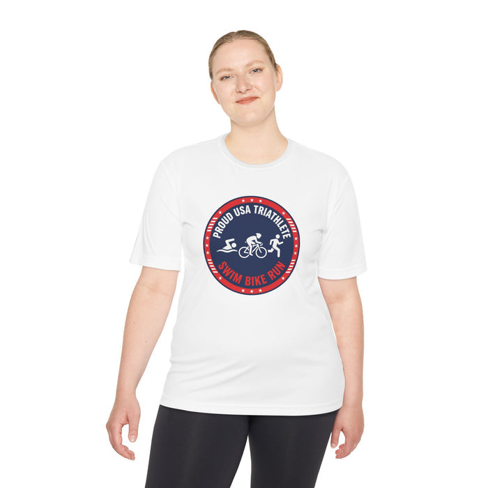 Proud USA Triathlete Moisture-Wicking Performance Tee — Swim Bike Ru
