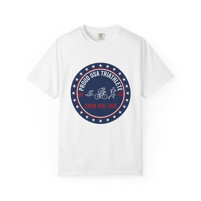Proud USA Triathlete Tee - Bella+Canvas Unisex Swim-Bike-Run T-Shirt (Flag-Color Roundel, High-Contrast Print)