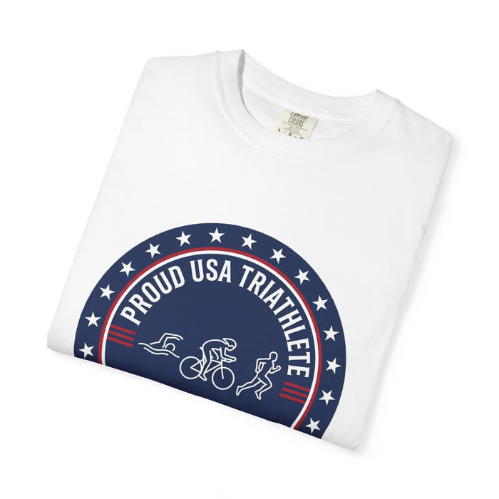 Proud USA Triathlete Tee - Bella+Canvas Unisex Swim-Bike-Run T-Shirt (Flag-Color Roundel, High-Contrast Print)