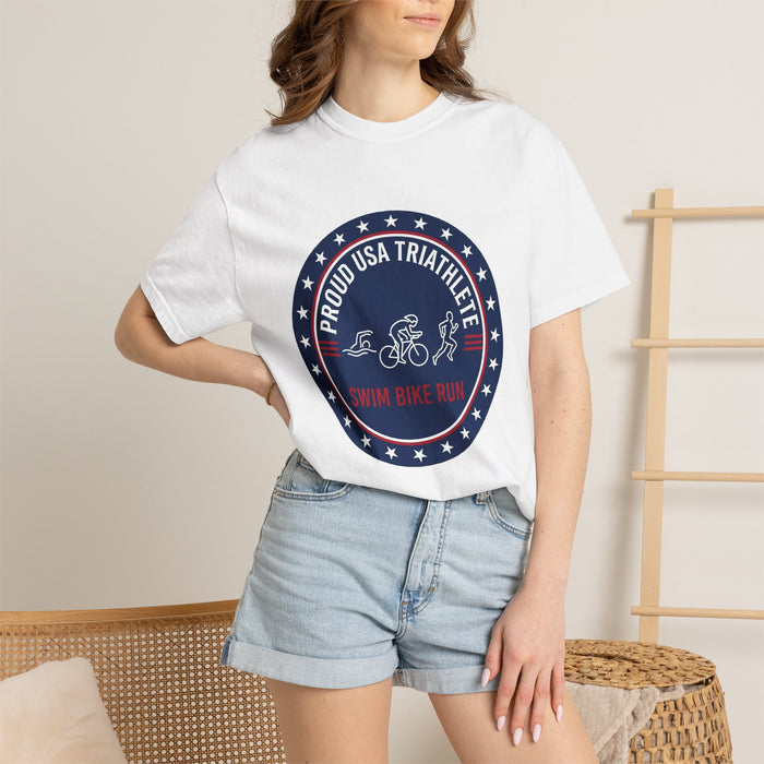 Proud USA Triathlete Tee - Bella+Canvas Unisex Swim-Bike-Run T-Shirt (Flag-Color Roundel, High-Contrast Print)
