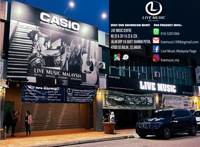 Guitar strap storefront promo with large “LIVE MUSIC” signage and parked car