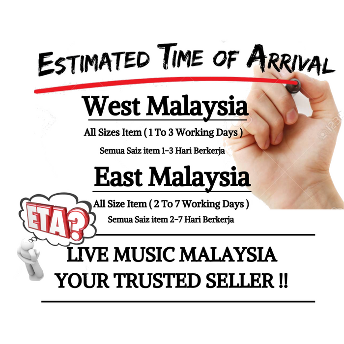 Guitar strap delivery ETA graphic with hand pointing at arrival info