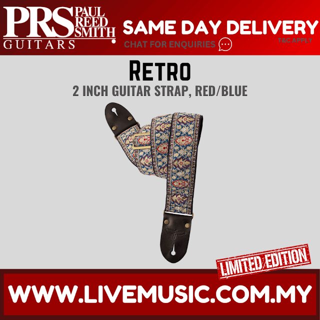 2-inch retro guitar strap with red/blue woven pattern and dark leather ends