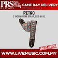 2-inch retro guitar strap with red/blue woven pattern and dark leather ends