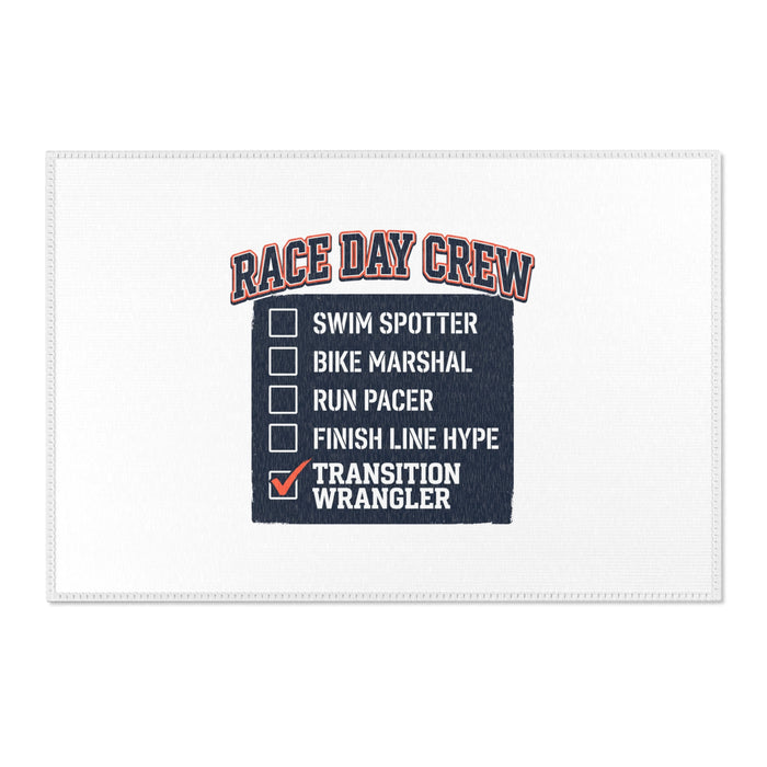 Race Day Crew Transition Mat — "Transition Wrangler" Triathlon Support Crew Area Rug