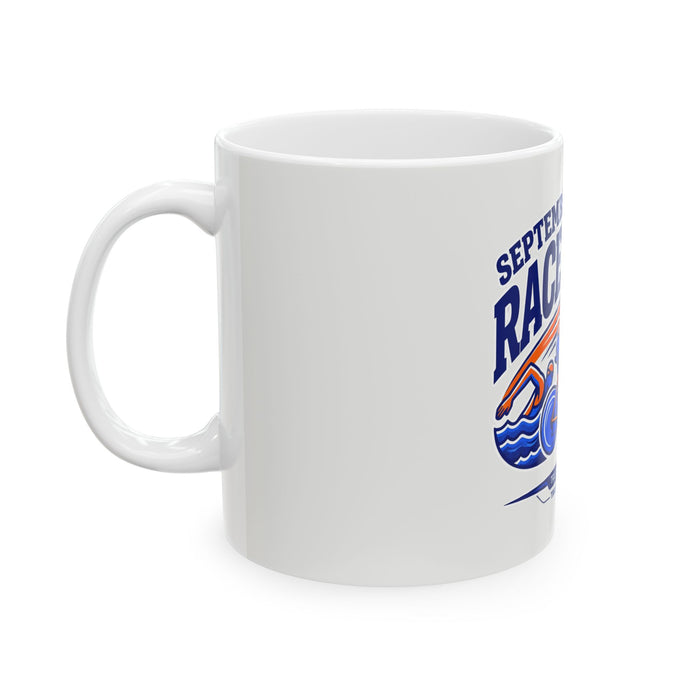 Race Season Ceramic Mug — “September Means Race Season” Triathlon Coffee Cup