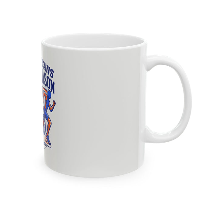 Race Season Ceramic Mug — “September Means Race Season” Triathlon Coffee Cup